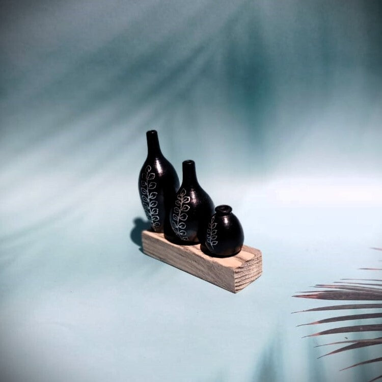 ODOP Nizamabad Black Pottery Craft Miniature Pots on Stand Gift Set